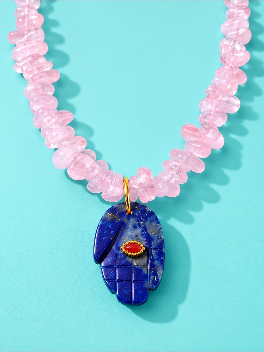 Rose Quartz Pink Bead Blue Lapis Hamsa Necklace
